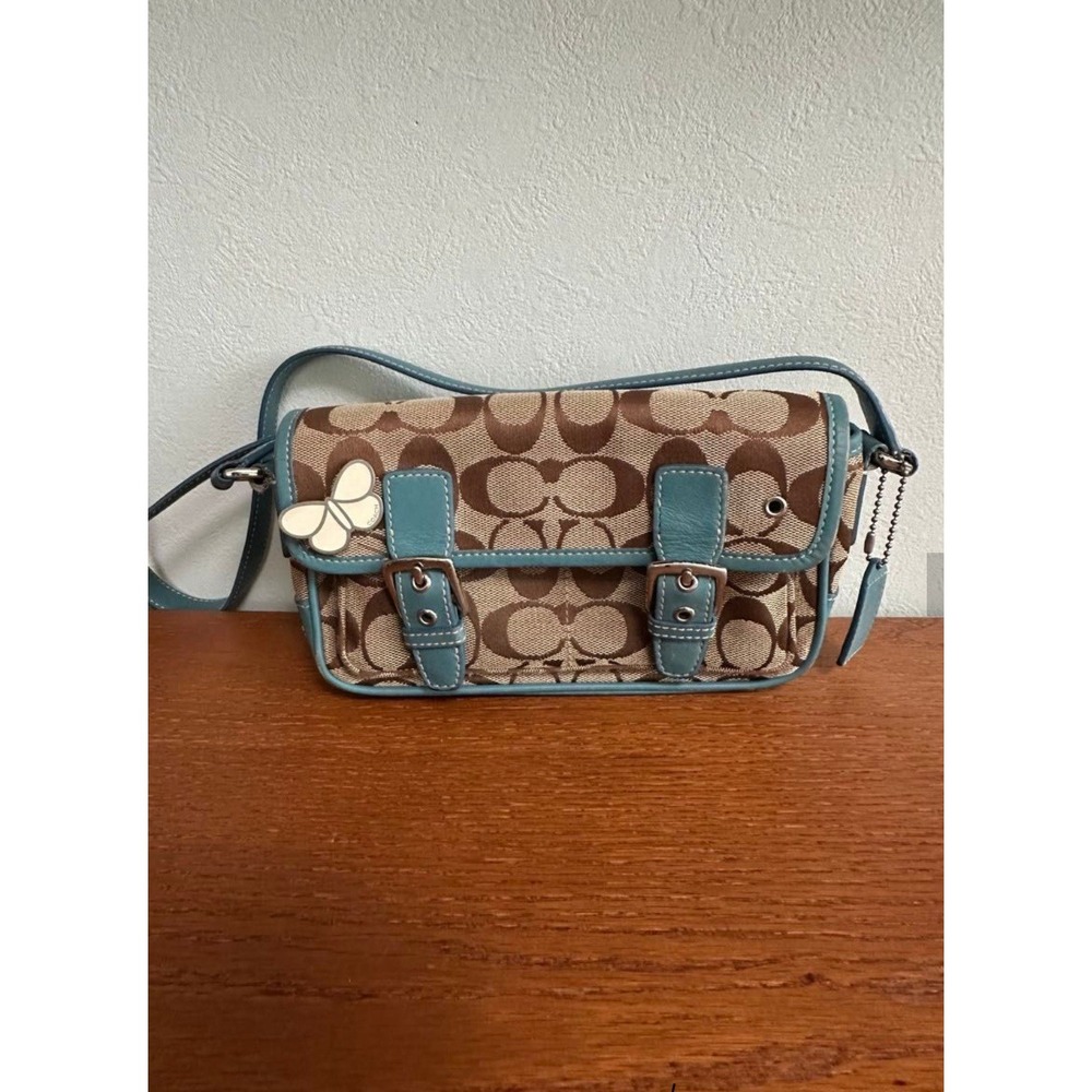 Coach Brown Signature Canvas Satchel with Teal Trim